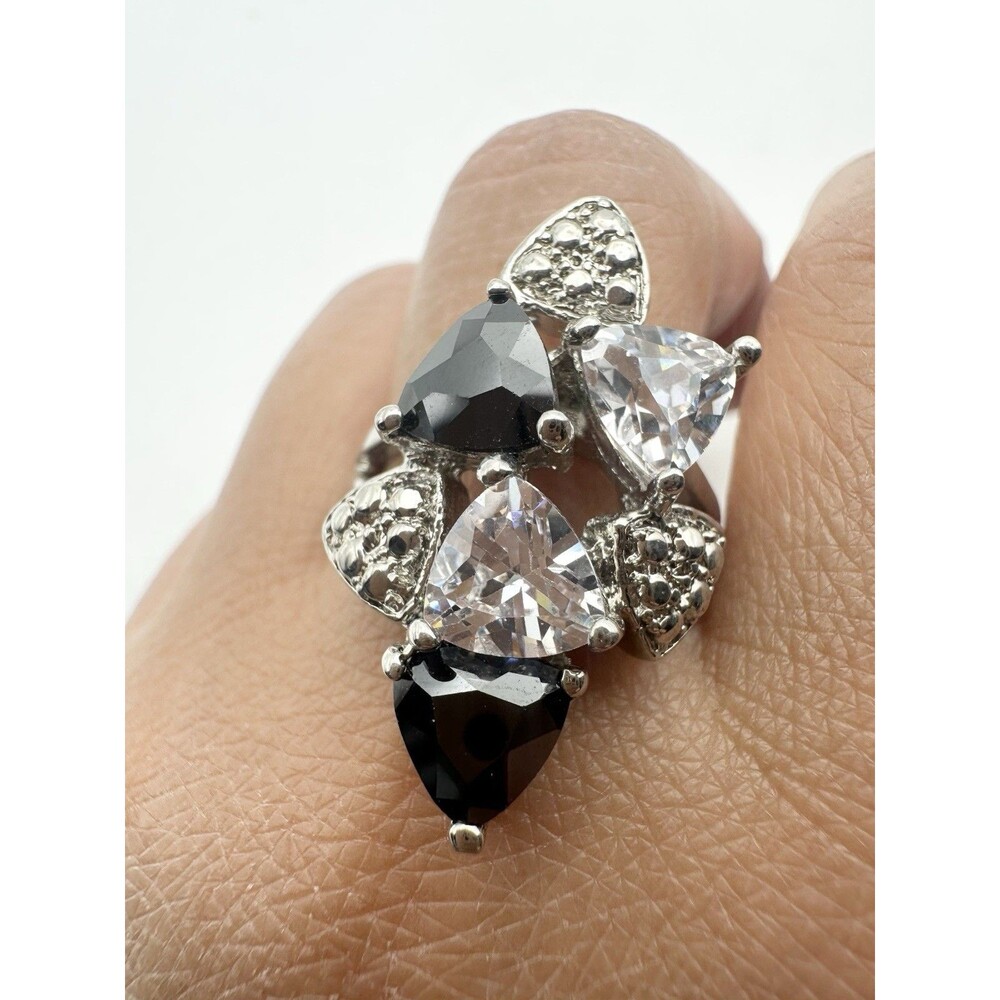 Silver Tone Trillion Cut Clear Black CZ Cocktail Ring Size 8.25